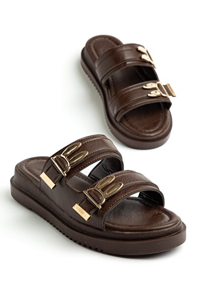 Dilimler Ayakkabı Women's Wedge Heel Slipper Brown Two-Stripe m Metal Buckle I