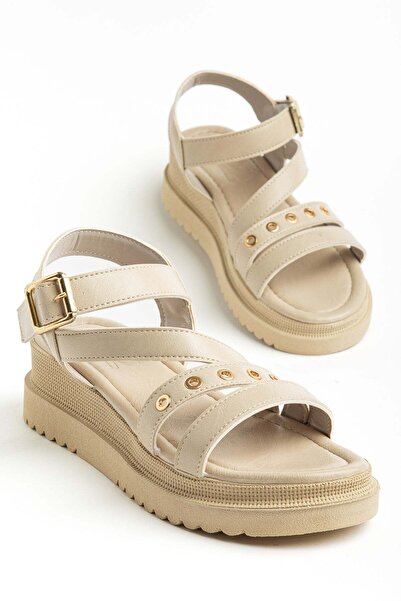 Dilimler Ayakkabı Women's Wedge Heel Sandals Beige Cross-Strapped Troklu