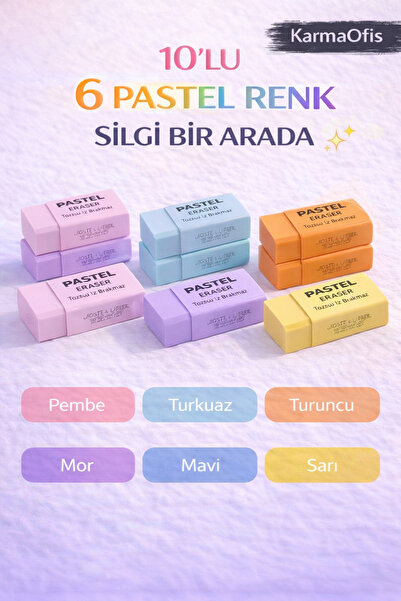 KarmaOfis 10'lu Karışık Renk Pastel Silgi Seti | Tozsuz İz Bırakmayan Yumuşak...