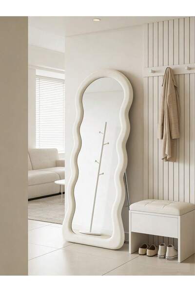 Mtanvxay مرآة أرضية مقوسة مموجة مقاس 160×60 سم، بإطار مغطى بالفانيلا، تُعلق ع...