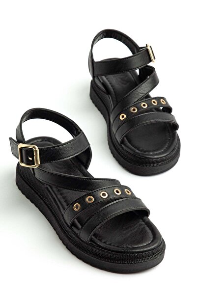 Dilimler Ayakkabı Women's Wedge Heel Sandals Black Cross-Strapped Troklu