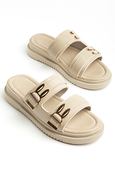 Dilimler Ayakkabı Women's Wedge Heel Slipper Beige Two-Stripe m Metal Buckle I