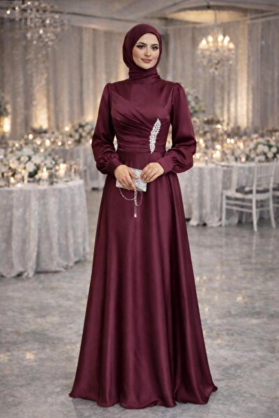 TRENDTESETTÜR KADIN BORDO TAŞ İŞLEMELİ SATEN ABİYE T 1626