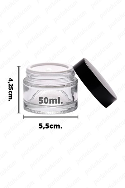 ozbience 50ml 2'li Şeffaf Cam Krem Kavanozu Siyah Kapaklı ve Koruyucu Kapaklı