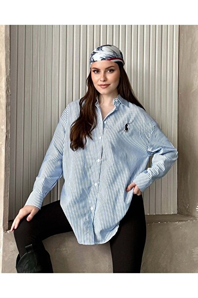 FERZOLAİO Pl Blue Striped Oversized Shirt