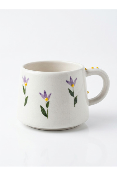 NİVRA GRUP Decorative Ceramic Coffee Cup Purple Tulip Patterned Aesthetic Flo...
