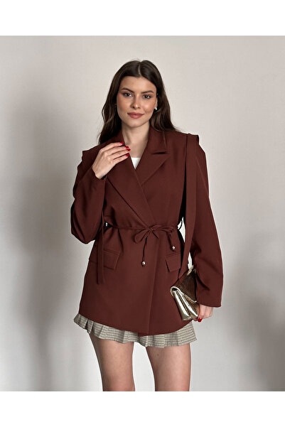 FERZOLAİO Shoulder Detail Belted Waist Brown Blazer Jacket