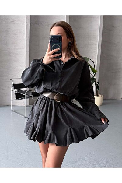 FERZOLAİO Belt Detail Pleated Anthracite Mini Dress