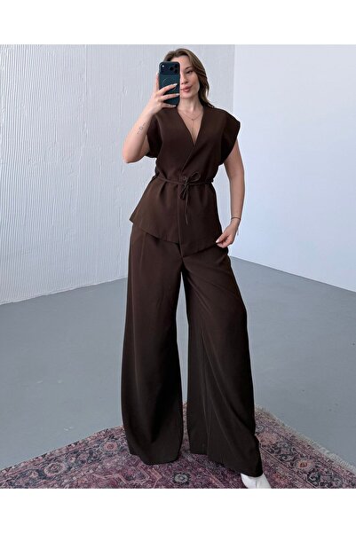 FERZOLAİO بأزرار على الجهتين بيلدن بأربطة طقم بني