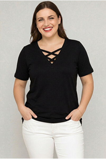 Curvy Trend Plus Size V-Neck Cross-Banded Short Sleeve Blouse