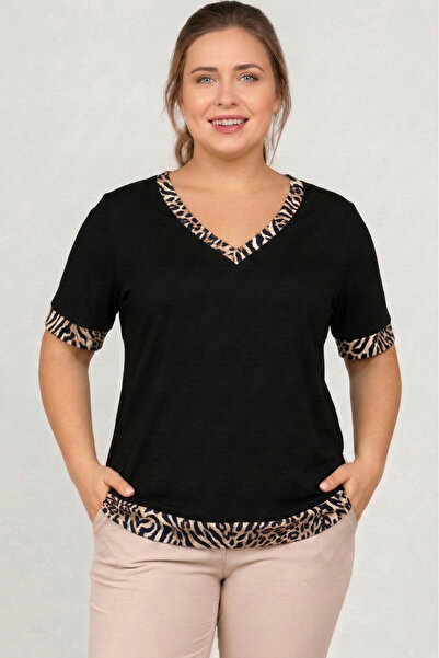 Curvy Trend Plus Size V-Neck Flared Skirt Leopard Paneled Short Sleeve Blouse