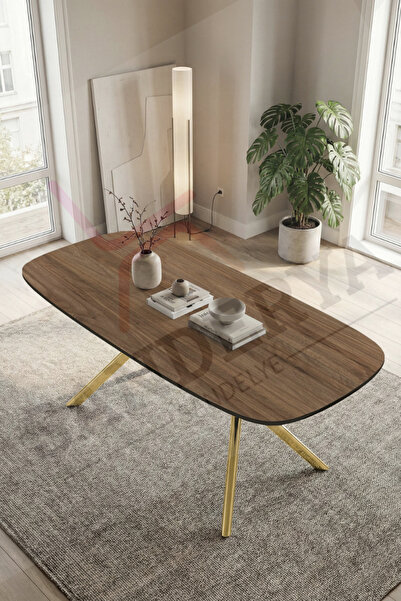 SANDERYA Siena Serisi Sabit Gold Ayaklı Ceviz 85x170 Mutfak Salon Masası