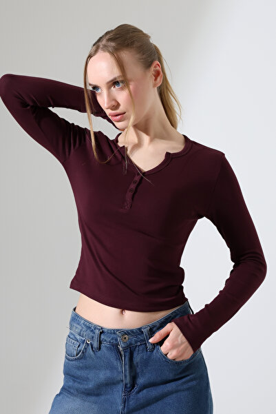 Endies Buttoned V-Neck Long Sleeve Cotton Pack Basic Women's T-Shirt 21926 Mü...