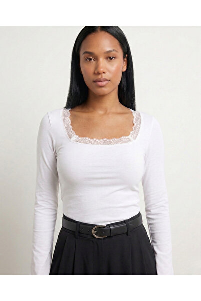 FOORS Lace Detailed Square Collar Viscose Blouse