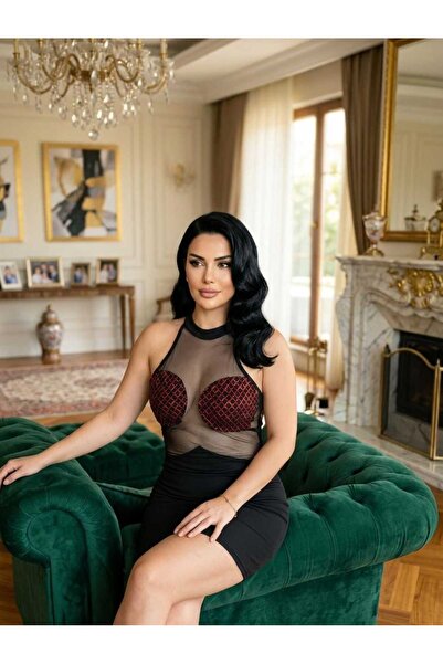 KAYAHAN COLLECTION Kayahan colelctıon-göğsü pul detaylı tül dekoltelı elbise