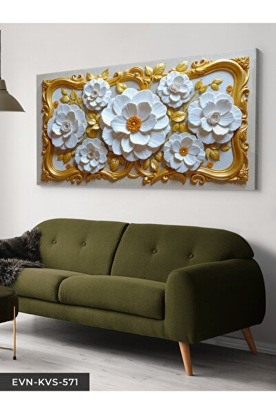 Evinemoda Pânză dintr-o singură bucată cu flori albe și detalii aurii - Pânză...