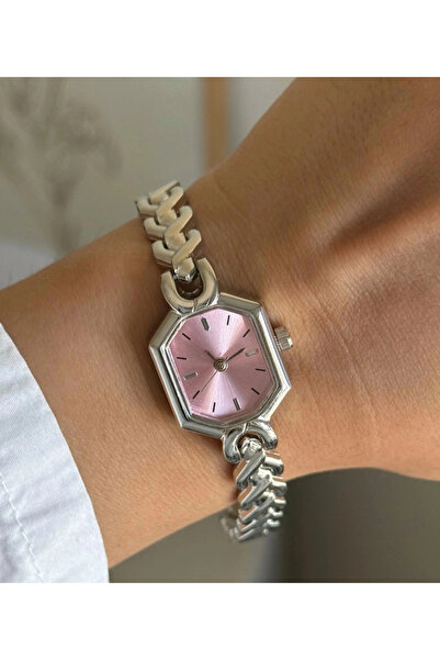 naaksesuar Pink Dial Silver Color Metal Cord Women's Watch