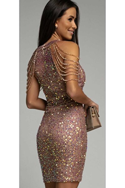 Hanife Glam Couture Hanife Glam taş detaylı payetli halter yaka mini elbise