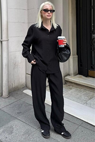 Madmext Black Striped Women's Tencel Shirt Set Mg2695