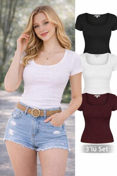 Wearflawless 3-Piece Set Women's U-Neck Basic Blouse, Stretchy Corded Fabric ...