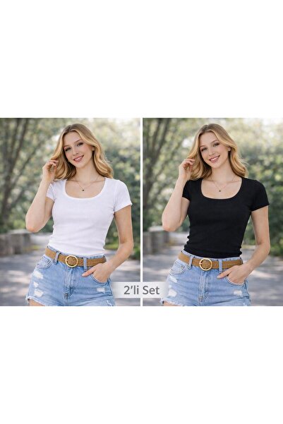 Wearflawless 2-Piece Set Women's U-Neck Basic Blouse, Stretchy Corded Fabric ...