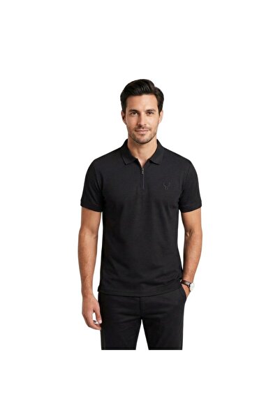trender Guler polo cu jumătate de fermoar pentru bărbați tricou modal Negru