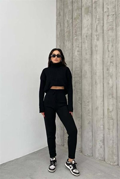 Dipmoda γυναικείο μαύρο κοτλέ πλεκτό σετ με ζιβάγκο και πλεκτό κάτω μέρος DPD...