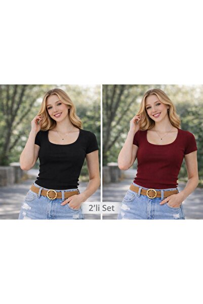 Wearflawless 2-Piece Set Women's U-Neck Basic Blouse, Stretchy Corded Fabric ...