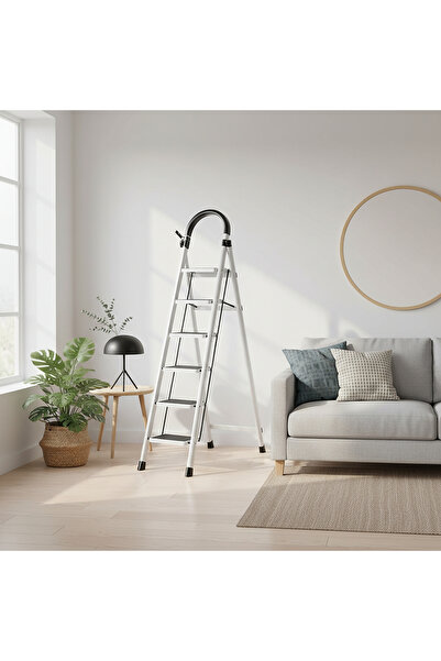 BESTONE سلم قابل للطي بست درجات، كرسي فولاذي قابل للطي بدواسات عريضة مانعة لل...