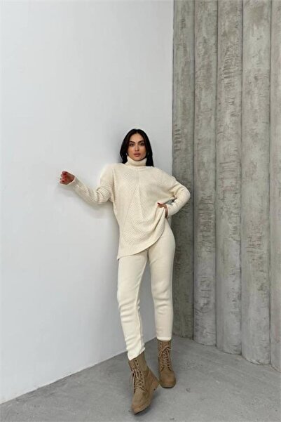 Dipmoda Women's Beige Corded Fabric Turtleneck Bottom Top Knitwear Set Dpdm1215