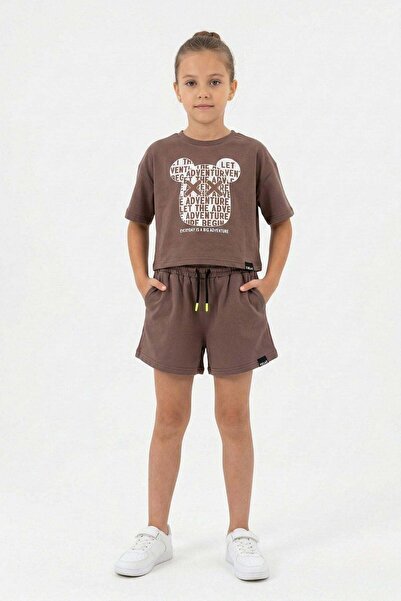 NEWKİDS Printed T-Shirt, Belt Pieces, Laced, 100% Cotton Shorts, Girls' Set