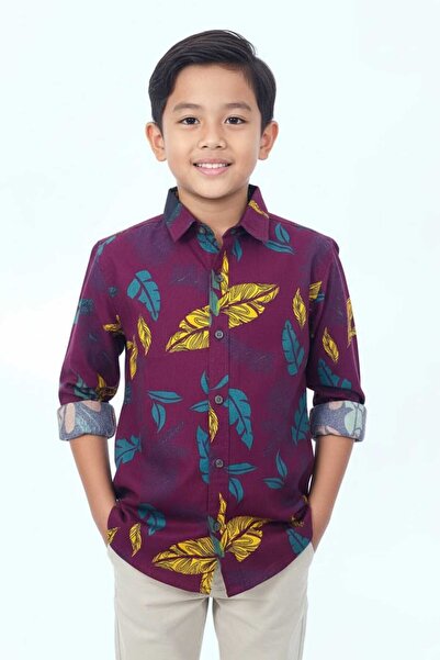 STITCH by MH Boys Tropical Leaf Print Casual Long Sleeve Shirt | Burgundy | A...