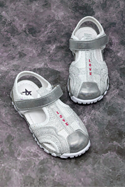 Tonny Black Girl's White Silver Children's Shoes with Glitter Detail and Velc...