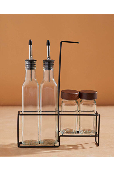 REDTAG Clear Glass Oil Bottle And Spice Jar Set With Metal Stand 5 Piece