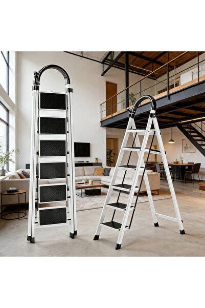 BESTONE Reliable White Foldable 6-Step Ladder 180cm Sturdy Steel Stool with W...
