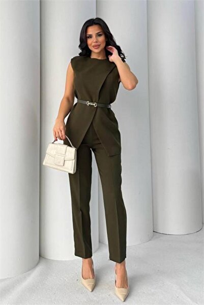 Dipmoda Women's Khaki Belt Detail Vest Pants Double Set Dpstr4061