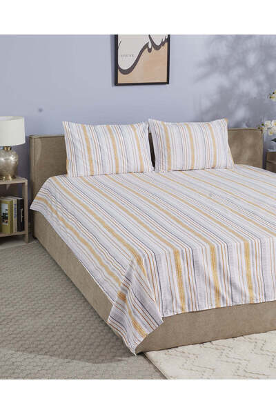 REDTAG Mustard Stripe Printed King Size Flat Sheet
