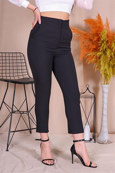 Dipmoda Women's Super High Waist Belt Detail Ankle-Length Fabric Pants Dpqns006