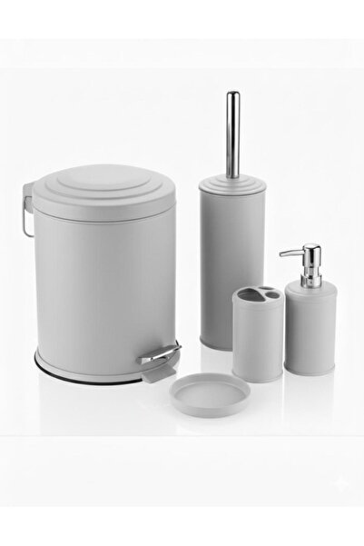 ozbience Şık 5 Parça Gri Banyo Aksesuarları Seti, Çöp Kovası ve Fırçalı Takım