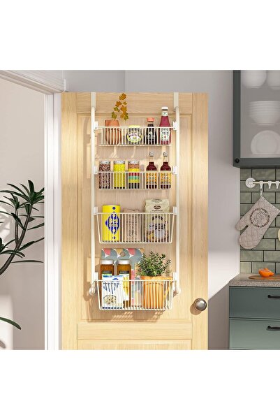 Arabest Metal Over the Door Pantry Organizer Rack - 4 Tier White Spice Rack f...
