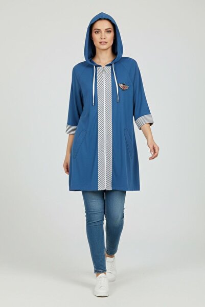 zhrcollection Büyük Beden Kapüşonlu Fermuarlı 77 cm Uzun Gömlek Tunik Mavi Gü...