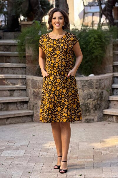 Nevin Kaya Moda V10 - Μαύρο και κίτρινο φλοράλ φόρεμα με τσέπες