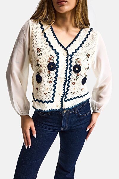 it's basic Γυναικεία Μπλούζα Εκρού Έθνικ Σιφόν με Μανίκια και Έθνικ Πλεκτό Σχ...