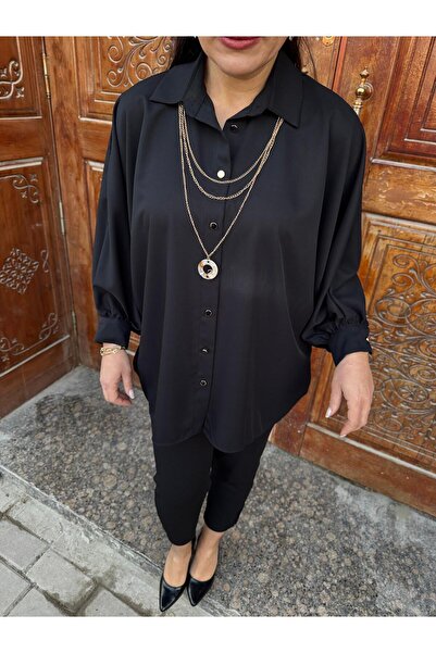 MODA Kadın Salaş Yarasa Kol Gömlek Bluz Zincir Kolye Detaylı Oversize Gömlek