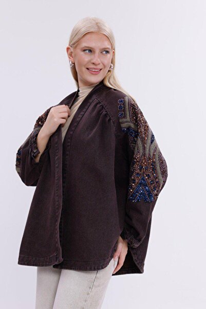 Dadali Bohemian Sequin Embroidery Detailed Oversized Kimono Brown