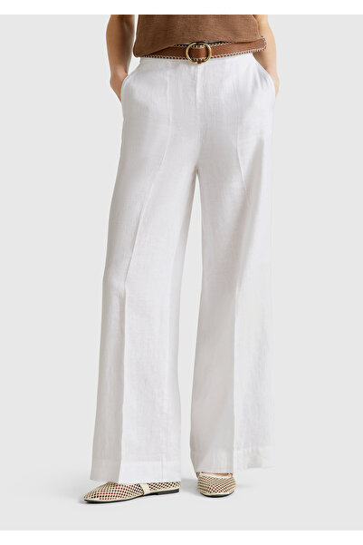 United Colors of Benetton Women's White 100% Linen Palazzo Trousers with Side...