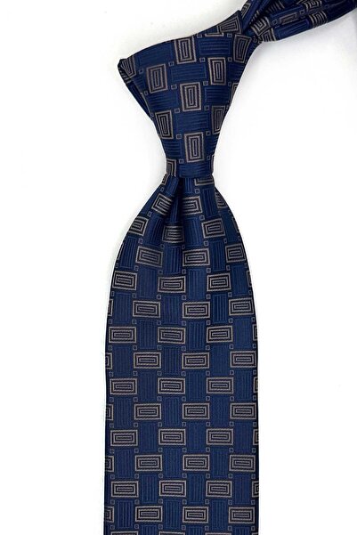 Kravatkolik Navy Blue Motif Patterned Classic Tie with Handkerchief Kk13641