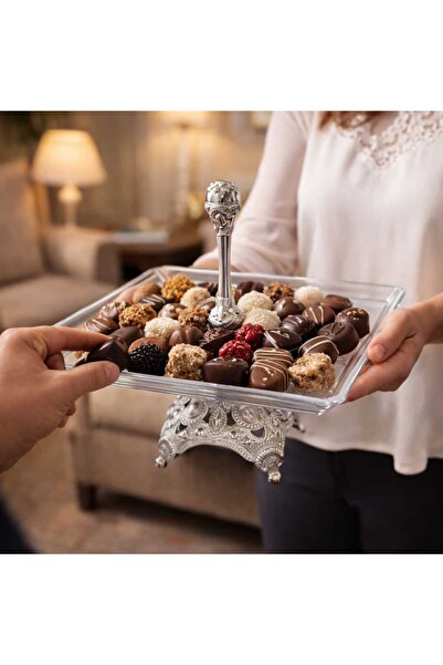 RASHA COLLECTION Gümüş Ayaklı Cam Sunum Tabağı – Dekoratif Pasta Kurabiye Çik...
