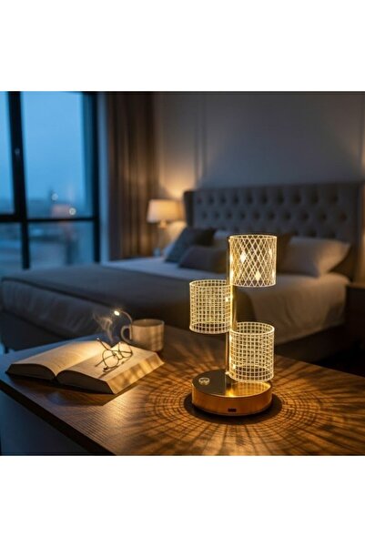 sylar 3 Parça Silindirik Kristal Ekose Kareli LED Masa Lambası – Gold Gövdeli...