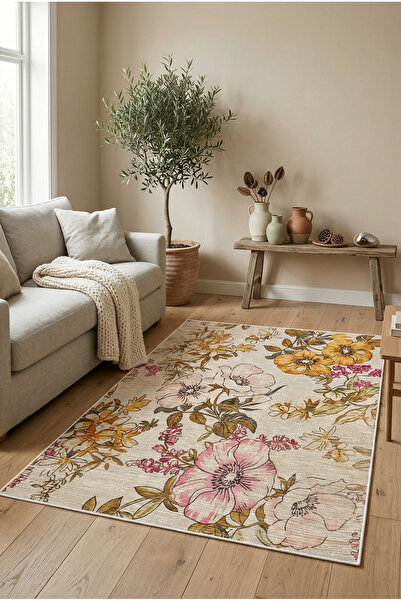 AIDA HOME Gusras Çiçekli Şönil Doğal Pamuk Tabanlı Salon Halısı Kaymaz Yıkana...